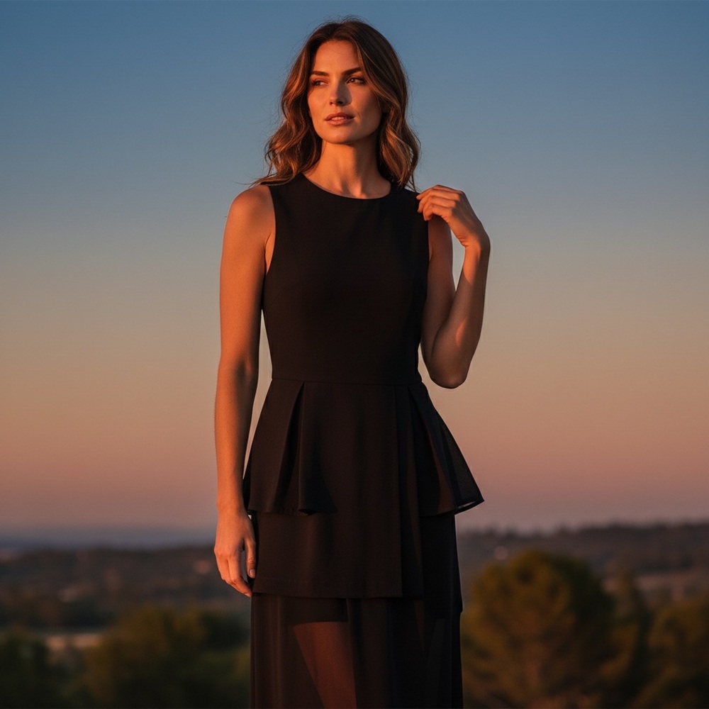 Isabel Garcia Cocktail Sleeveless Dress with Sheer Skirt Overlay